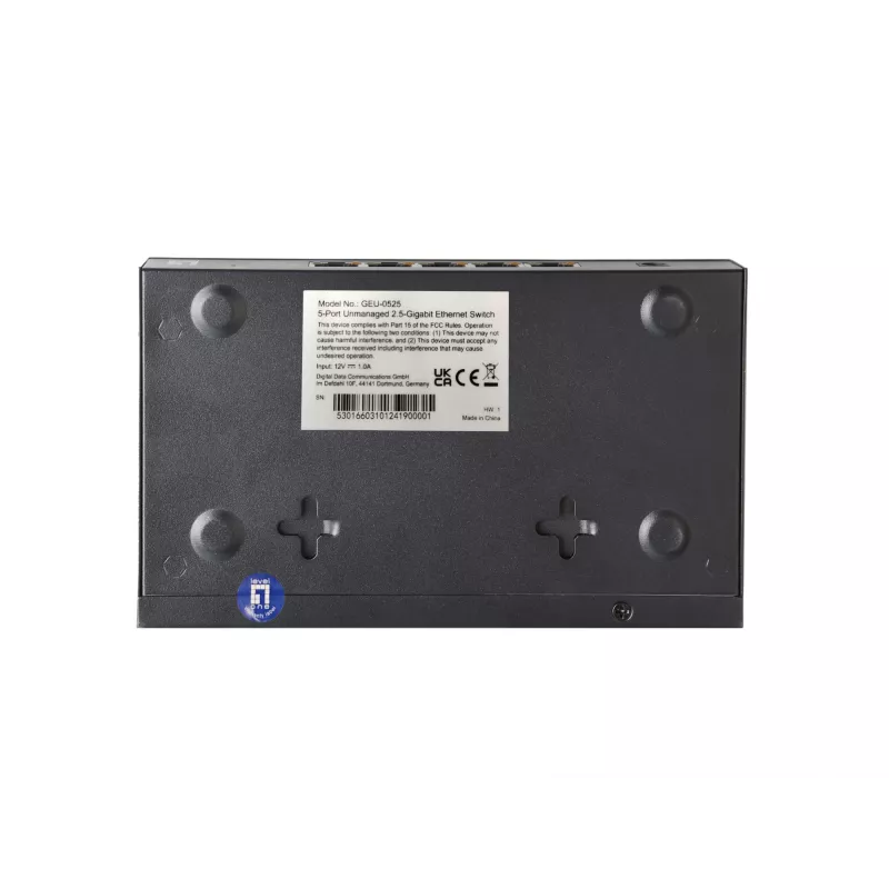 Switch Ethernet 2.5G não gerido de 5 portas LEVELONE GEU-0525 — 5× 2.5G RJ-45, não gerido, comutação 25 Gbit/s, montagem na parede