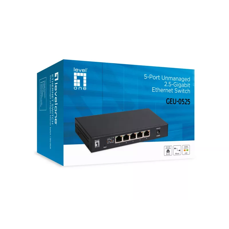Switch Ethernet 2.5G não gerido de 5 portas LEVELONE GEU-0525 — 5× 2.5G RJ-45, não gerido, comutação 25 Gbit/s, montagem na parede