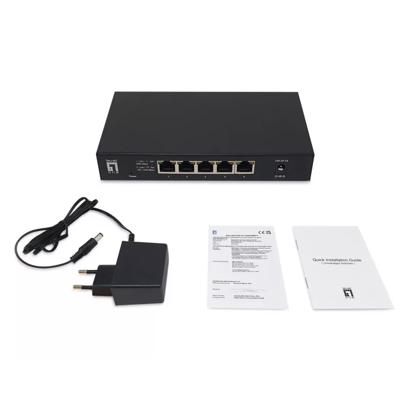 Switch Ethernet 2.5G não gerido de 5 portas LEVELONE GEU-0525 — 5× 2.5G RJ-45, não gerido, comutação 25 Gbit/s, montagem na parede