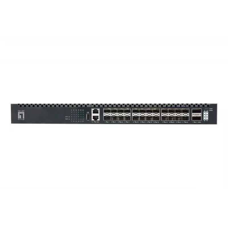 Switch de fibra TOR L3 gerido LevelOne 26 portas, 24x 1/10GbE SFP+, 2x 40/100GbE QSFP28, fonte de alimentação redundante hot-swap
