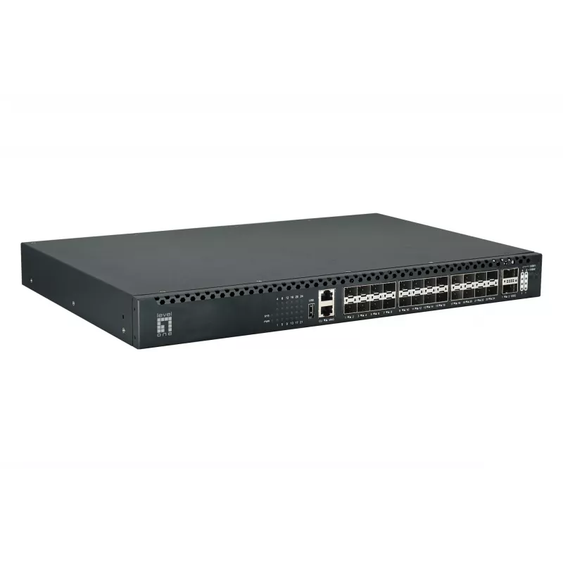 Switch de fibra TOR L3 gerido LevelOne 26 portas, 24x 1/10GbE SFP+, 2x 40/100GbE QSFP28, fonte de alimentação redundante hot-swap