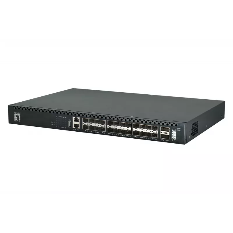Switch de fibra TOR L3 gerido LevelOne 26 portas, 24x 1/10GbE SFP+, 2x 40/100GbE QSFP28, fonte de alimentação redundante hot-swap