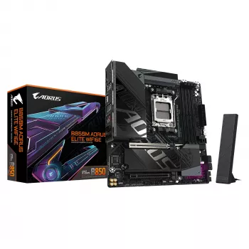 Placa-mãe GIGABYTE B850M AORUS ELITE WIFI6E - CPUs AMD Ryzen Série 9000, VRM Digital 12+2+2 fases, até 8200MHz DDR5 (OC), 1xPCIe 5.0 + 1xPCIe 4.0 M.2, WIFI 6E, 2.5GbE LAN, USB 3.2 Gen 2