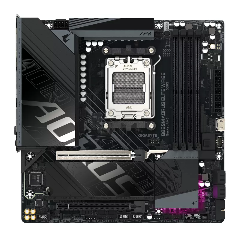 Placa-mãe GIGABYTE B850M AORUS ELITE WIFI6E - CPUs AMD Ryzen Série 9000, VRM Digital 12+2+2 fases, até 8200MHz DDR5 (OC), 1xPCIe 5.0 + 1xPCIe 4.0 M.2, WIFI 6E, 2.5GbE LAN, USB 3.2 Gen 2