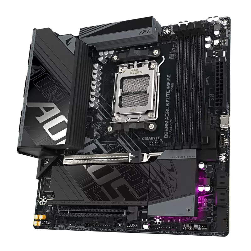 Placa-mãe GIGABYTE B850M AORUS ELITE WIFI6E - CPUs AMD Ryzen Série 9000, VRM Digital 12+2+2 fases, até 8200MHz DDR5 (OC), 1xPCIe 5.0 + 1xPCIe 4.0 M.2, WIFI 6E, 2.5GbE LAN, USB 3.2 Gen 2