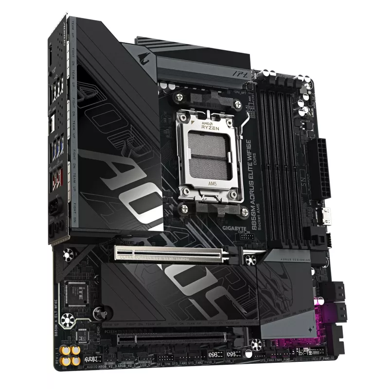 Placa-mãe GIGABYTE B850M AORUS ELITE WIFI6E - CPUs AMD Ryzen Série 9000, VRM Digital 12+2+2 fases, até 8200MHz DDR5 (OC), 1xPCIe 5.0 + 1xPCIe 4.0 M.2, WIFI 6E, 2.5GbE LAN, USB 3.2 Gen 2