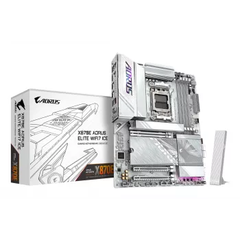 Placa-mãe GIGABYTE X870E AORUS ELITE WIFI7 ICE - Suporta CPUs AMD Ryzen 9000, VRM Digital 16+2+2 fases, até 8200Hz DDR5 (OC), 3xPCIe 5.0 + 1xPCIe 4.0, Wi-Fi 7, 2.5GbE LAN, USB 4