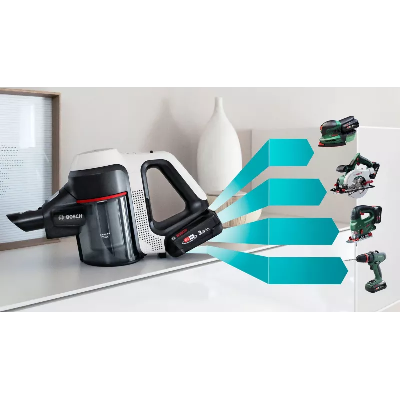 Aspirador vertical/vassoura elétrica Bosch BSS711W bateria seco sem saco 0,3 l preto, prateado, branco