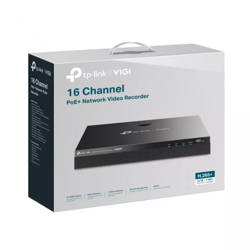 Gravador de vídeo em rede TP-Link VIGI NVR 16 canais PoE+, disco HDD 4 TB, 16× entrada 3840×2160, 30W PoE por porta
