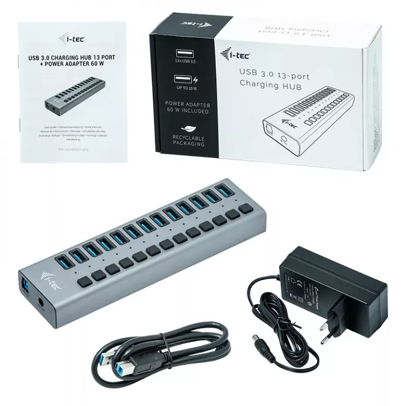 i-tec USB 3.0 HUB de carregamento 13 portas + adaptador de corrente 60 W