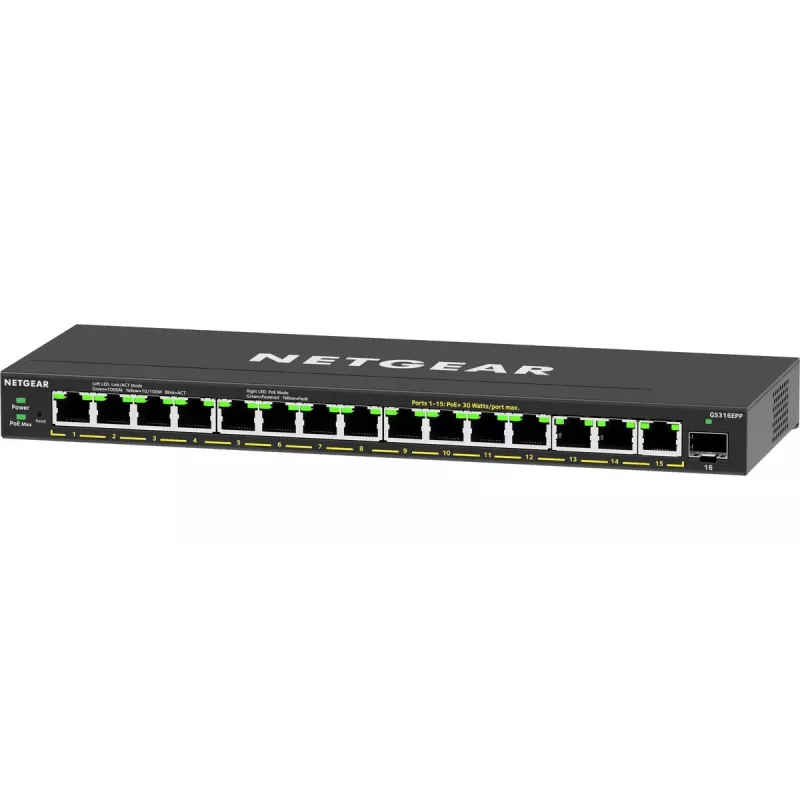Switch Gerido NETGEAR GS316EPP 16 portas PoE+ Gigabit Ethernet