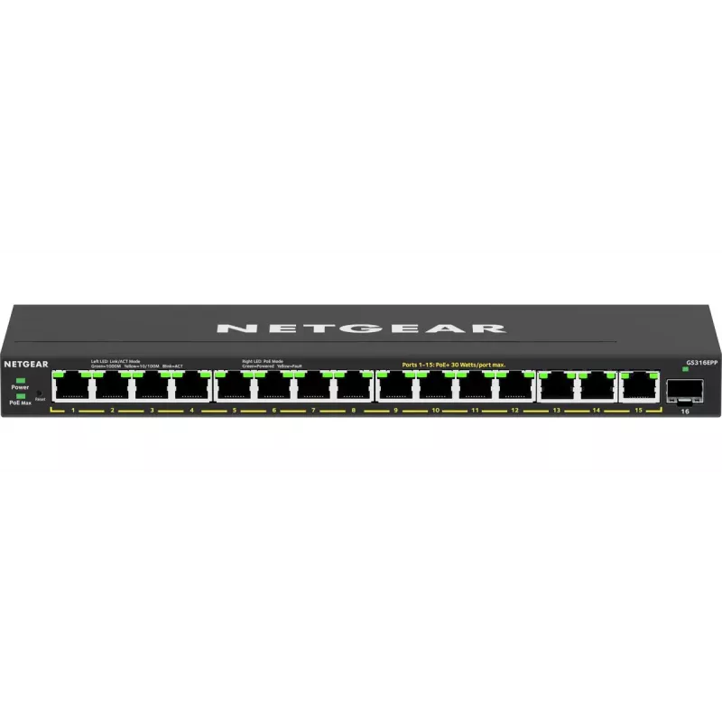 Switch Gerido NETGEAR GS316EPP 16 portas PoE+ Gigabit Ethernet