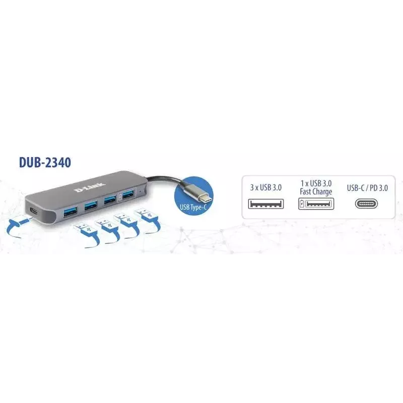 Hub USB D-Link DUB-2340 USB-C 4 portas USB 3.0 Power Delivery 60W