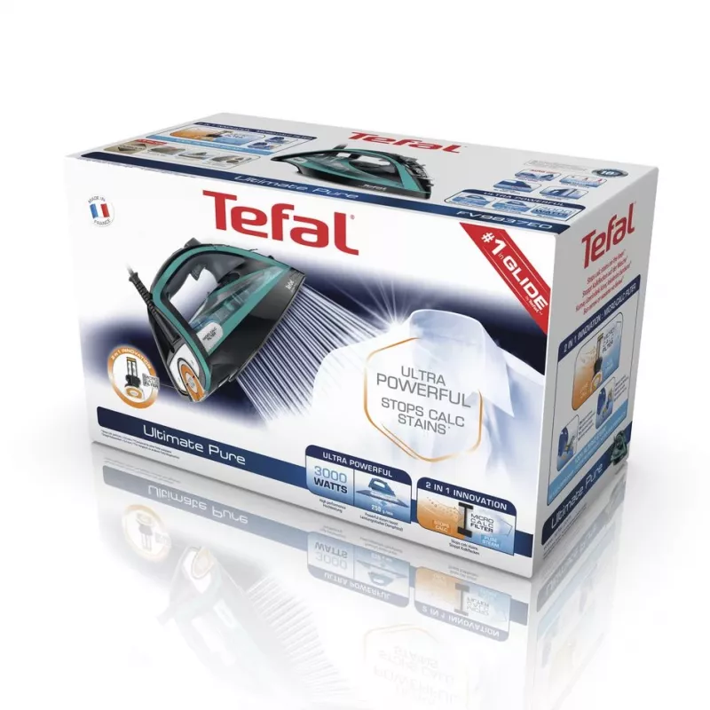 Tefal Ultimate Pure FV9844 Ferro de engomar a seco e a vapor Durilium Autoclean Base 3200 W Preto, Azul