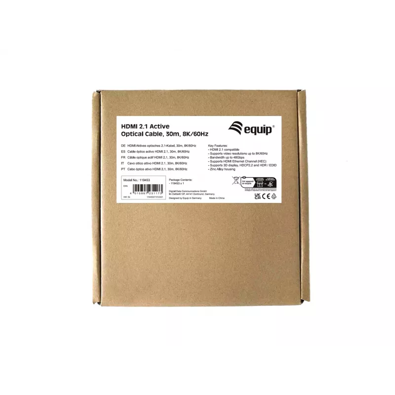 Cabo ótico ativo HDMI 2.1 Equip, 30 m, 8K/60 Hz, 30 m, HDMI Type-A (Standard), HDMI Type-A (Standard), 3D, Audio Return Channel (ARC), preto