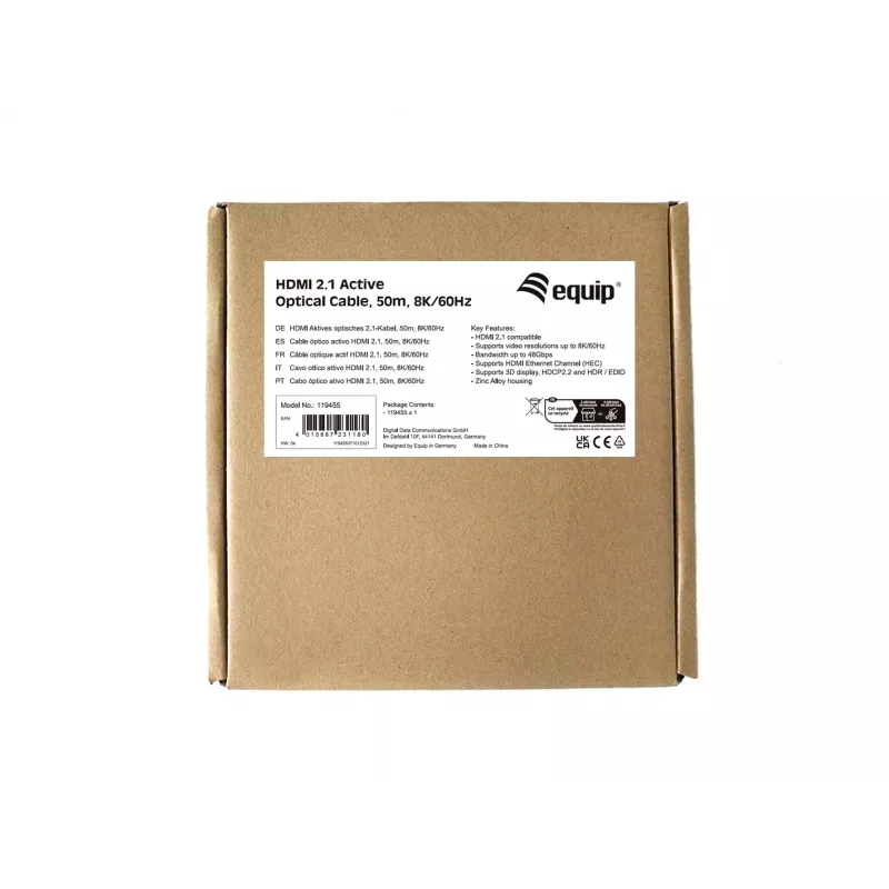 Cabo ótico ativo HDMI 2.1 Equip, 50 m, 8K/60 Hz, 50 m, HDMI Type-A (Standard), HDMI Type-A (Standard), 3D, Audio Return Channel (ARC), preto
