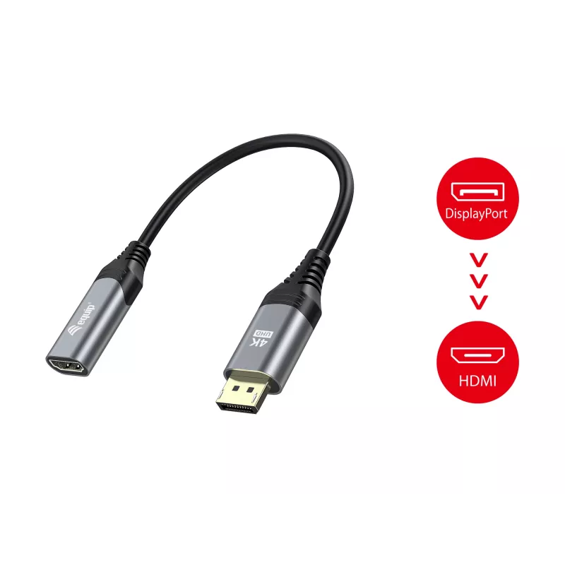 Adaptador DisplayPort 1.2 para HDMI Equip, 4K/60 Hz, 0,15 m, DisplayPort, HDMI, ficha, conector fêmea, reto