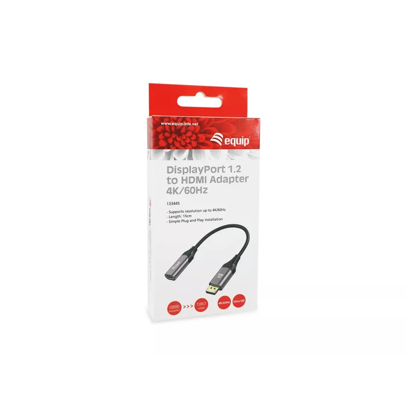 Adaptador DisplayPort 1.2 para HDMI Equip, 4K/60 Hz, 0,15 m, DisplayPort, HDMI, ficha, conector fêmea, reto