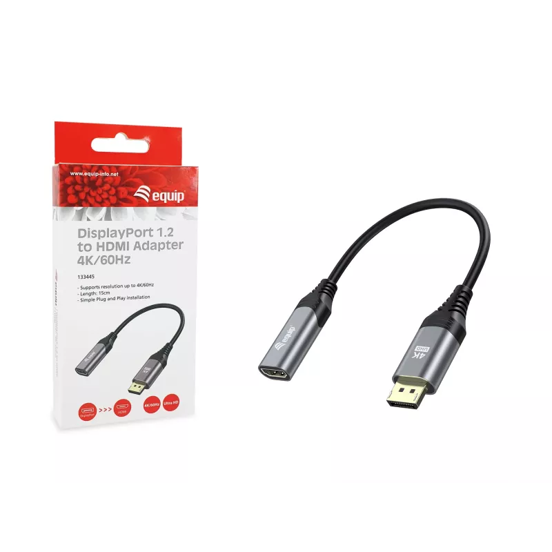 Adaptador DisplayPort 1.2 para HDMI Equip, 4K/60 Hz, 0,15 m, DisplayPort, HDMI, ficha, conector fêmea, reto