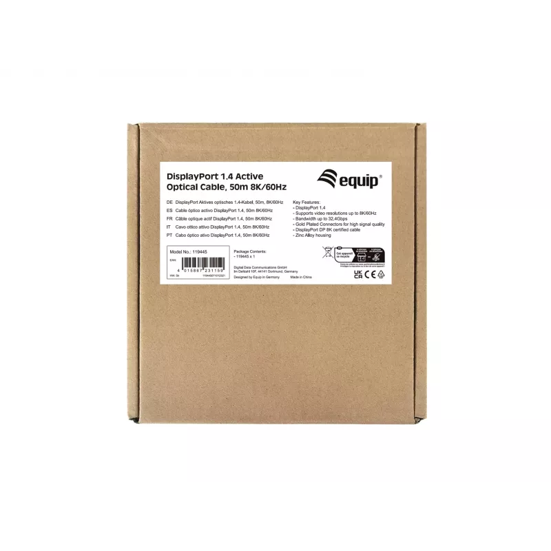 Cabo ótico ativo DisplayPort 1.4 Equip, 50 m, 8K/60 Hz, 50 m, DisplayPort, DisplayPort, ficha, ficha, 7680 x 4320 píxeis