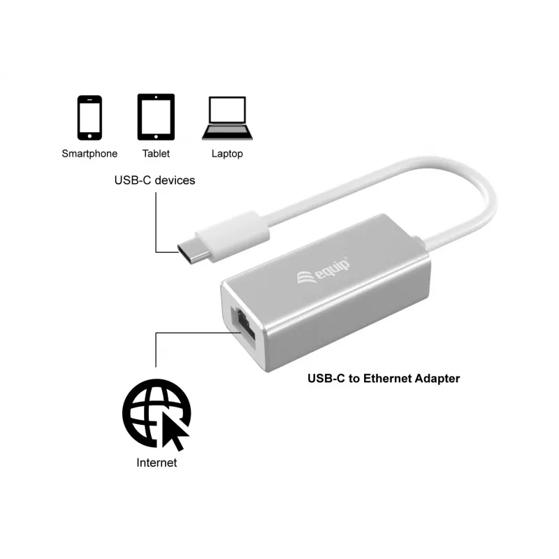 Adaptador de rede USB Type-C para RJ45 Gigabit Equip, com fios, USB Type-C, Ethernet, 1000 Mbit/s, prateado