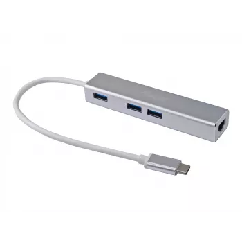 Hub USB-C para 3 portas USB 3.0 com adaptador Gigabit Equip, USB 3.2 Gen 1 (3.1 Gen 1) Type-C, prateado, USB 3.2 Gen 1 (3.1 Gen 1) Type-A, WLAN, alumínio, 22 mm, 15 mm