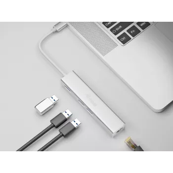 Hub USB-C para 3 portas USB 3.0 com adaptador Gigabit Equip, USB 3.2 Gen 1 (3.1 Gen 1) Type-C, prateado, USB 3.2 Gen 1 (3.1 Gen 1) Type-A, WLAN, alumínio, 22 mm, 15 mm