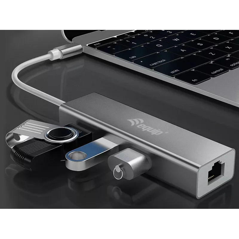 Equip 133481 hub USB-C de 3 portas USB 3.0 com adaptador Gigabit, USB 3.2 Gen 1, USB Type-A