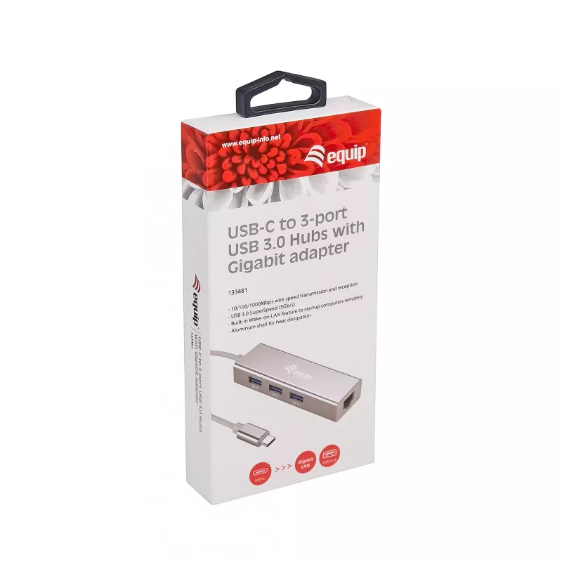 Equip 133481 hub USB-C de 3 portas USB 3.0 com adaptador Gigabit, USB 3.2 Gen 1, USB Type-A