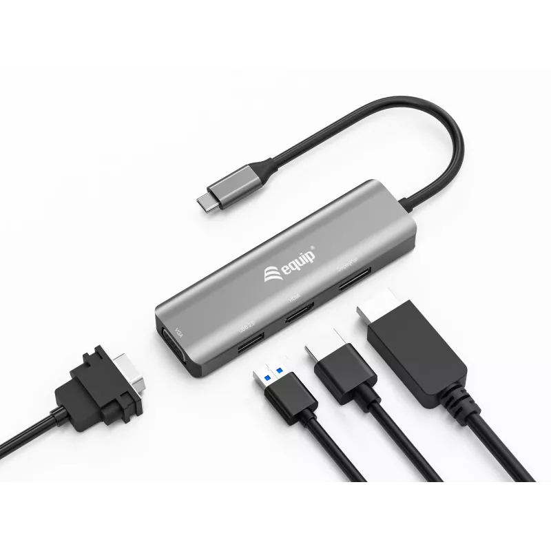 Adaptador Equip USB-C para HDMI/DisplayPort/VGA/USB, USB Type-C, saída HDMI, saída DisplayPort, saída VGA (D-Sub), 3840 x 2160 píxeis