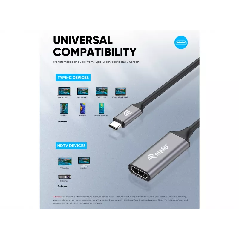 Adaptador Equip USB-C para HDMI 2.0, 4K/60 Hz, 0,15 m, USB Type-C, HDMI, ficha, conector fêmea, reto