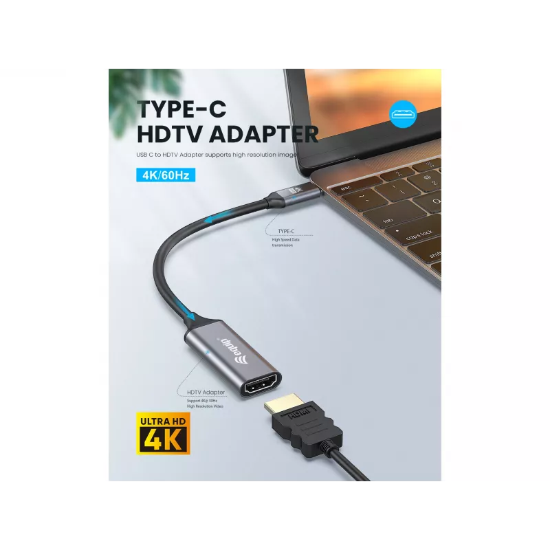 Adaptador Equip USB-C para HDMI 2.0, 4K/60 Hz, 0,15 m, USB Type-C, HDMI, ficha, conector fêmea, reto