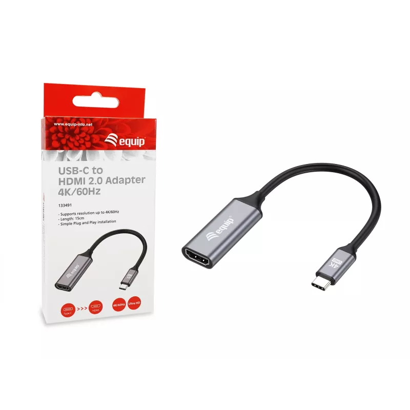 Adaptador Equip USB-C para HDMI 2.0, 4K/60 Hz, 0,15 m, USB Type-C, HDMI, ficha, conector fêmea, reto
