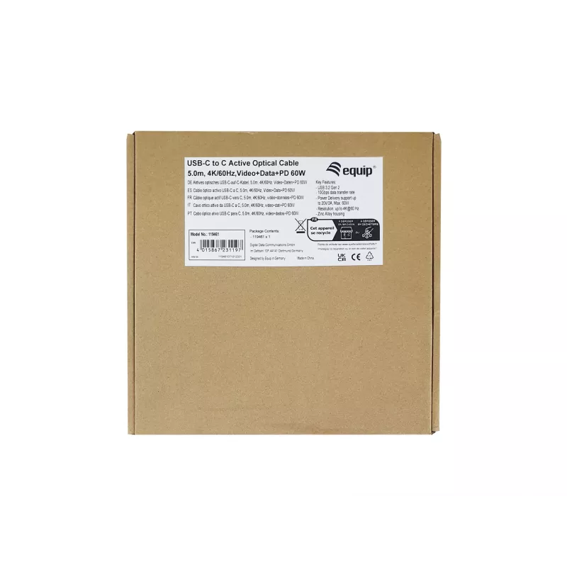 Cabo ótico ativo Equip USB-C para C, M/M, 5,0 m, PD 60 W, 4K/60 Hz, 10 Gbit/s, vídeo+dados+PD