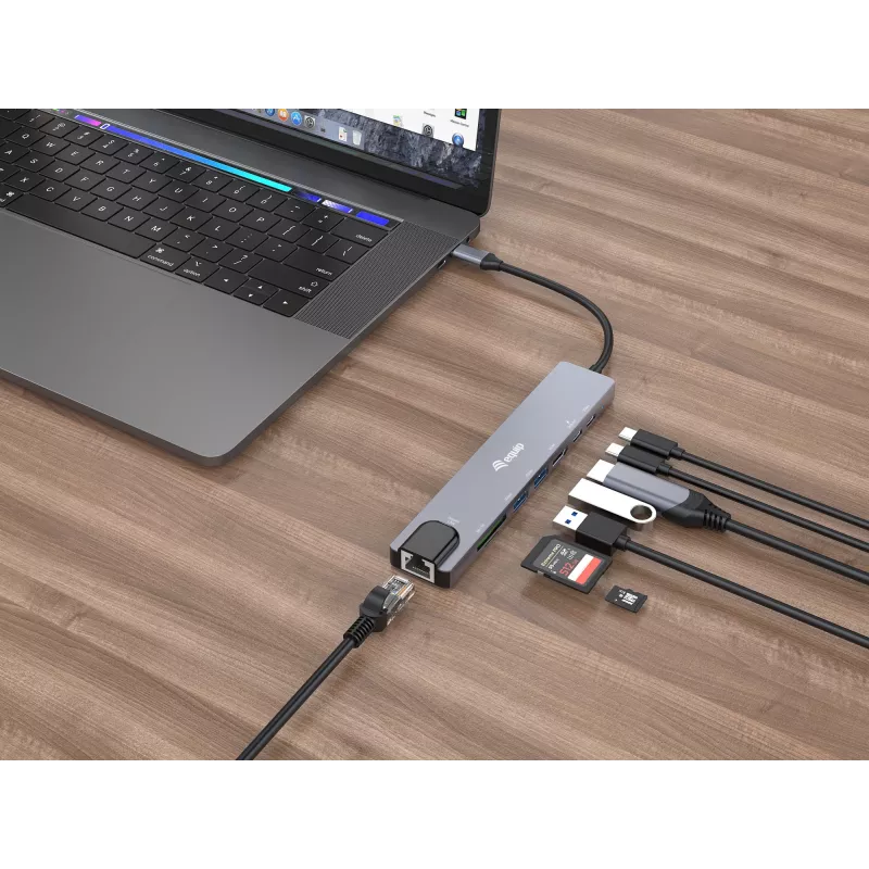 Adaptador multifunções USB-C 8 em 1 Equip, com fios, USB Type-C, 100 W, 1000 Mbit/s, 1000BASE-T, IEEE 802.3ab