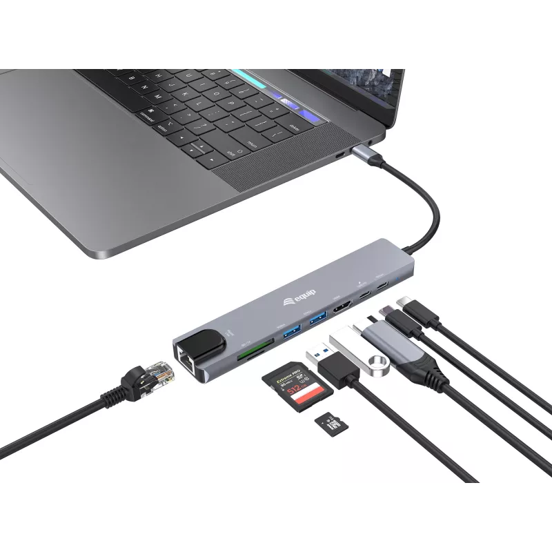 Adaptador multifunções USB-C 8 em 1 Equip, com fios, USB Type-C, 100 W, 1000 Mbit/s, 1000BASE-T, IEEE 802.3ab
