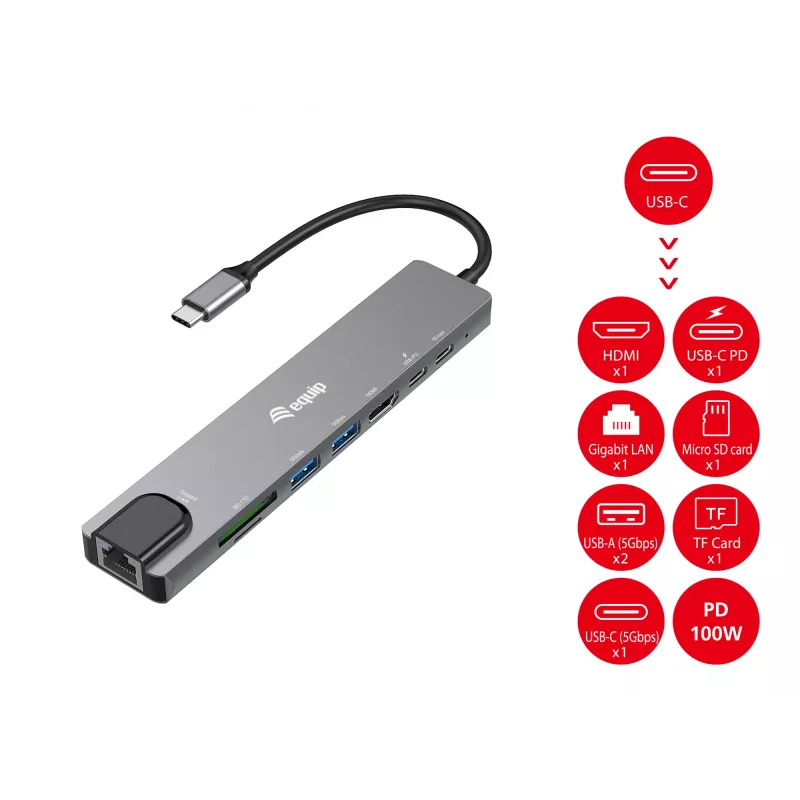 Adaptador multifunções USB-C 8 em 1 Equip, com fios, USB Type-C, 100 W, 1000 Mbit/s, 1000BASE-T, IEEE 802.3ab