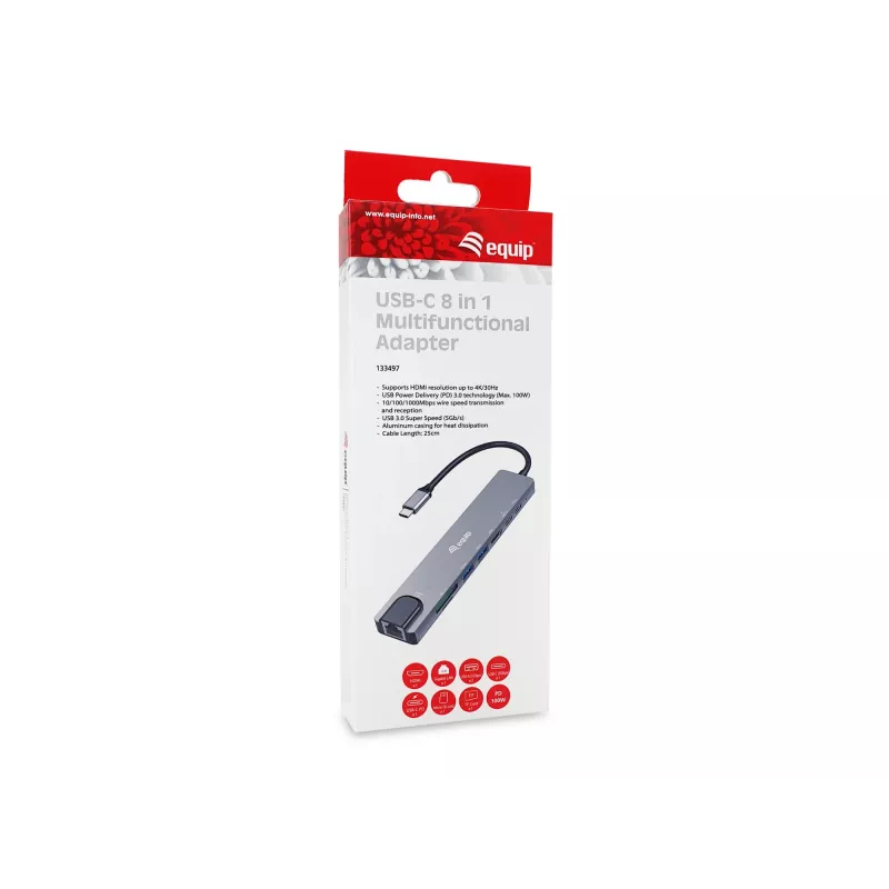 Adaptador multifunções USB-C 8 em 1 Equip, com fios, USB Type-C, 100 W, 1000 Mbit/s, 1000BASE-T, IEEE 802.3ab