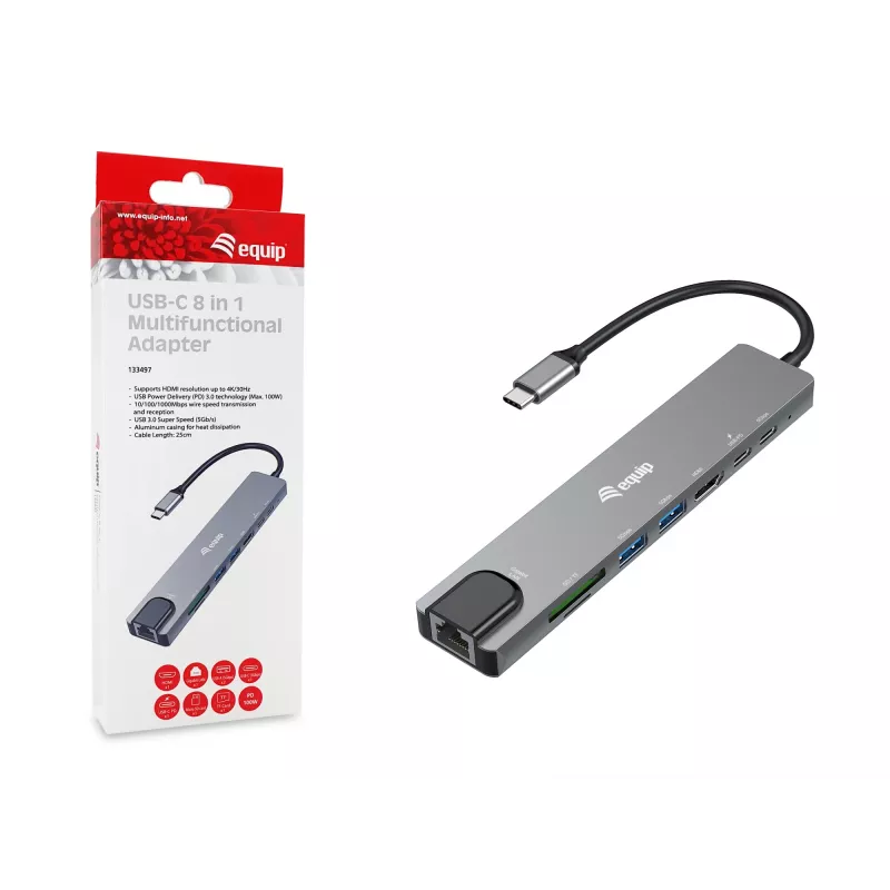Adaptador multifunções USB-C 8 em 1 Equip, com fios, USB Type-C, 100 W, 1000 Mbit/s, 1000BASE-T, IEEE 802.3ab