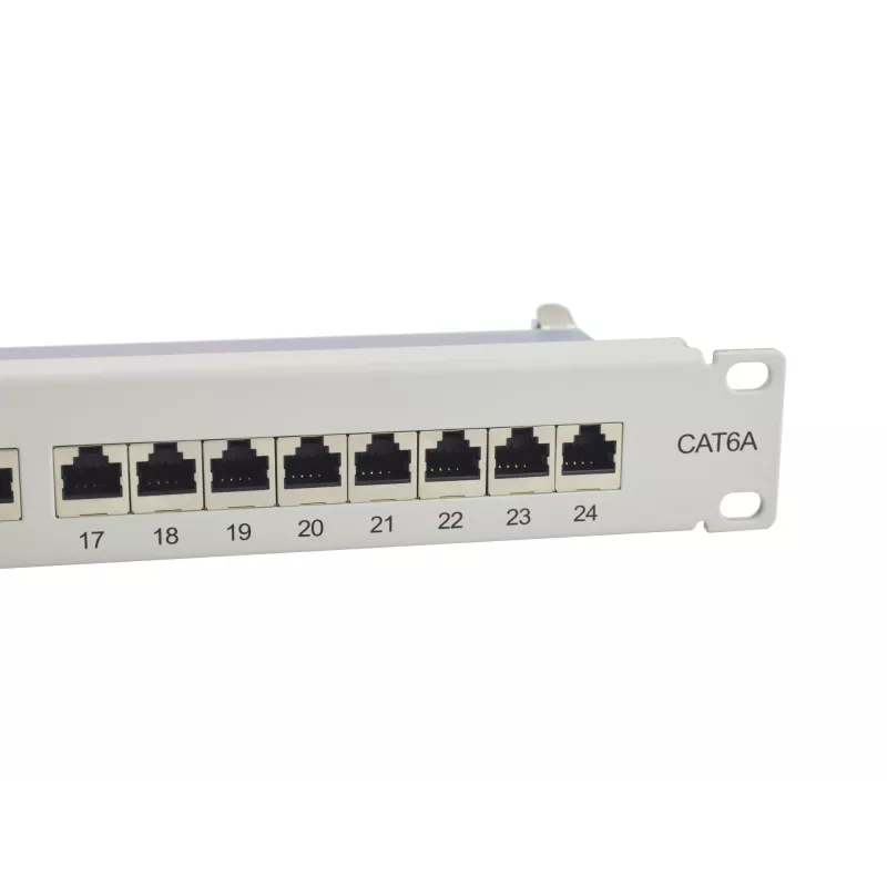 Equip Patch Panel 24 portas Cat.6A blindado, cinzento-claro, 10/100/1000Base-T(X), Gigabit Ethernet, 1000 Mbit/s, RJ-45, Cat6a, montagem em rack