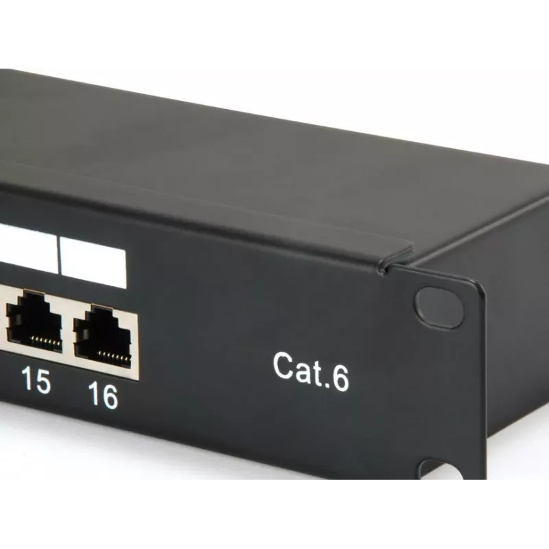 Equip Patch Panel 16 portas Cat.6 blindado, preto, 10/100/1000Base-T(X), Gigabit Ethernet, 1000 Mbit/s, RJ-45, Cat6, montagem em rack