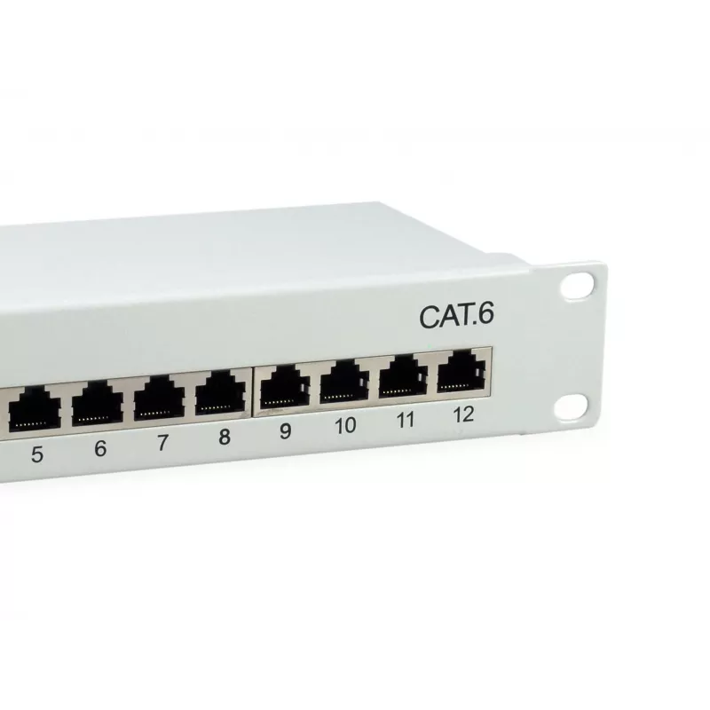 Equip Patch Panel 12 portas Cat.6 blindado, cinzento-claro, Gigabit Ethernet, 1000 Mbit/s, RJ-45, Cat6, Cat6e, 1U, cinzento