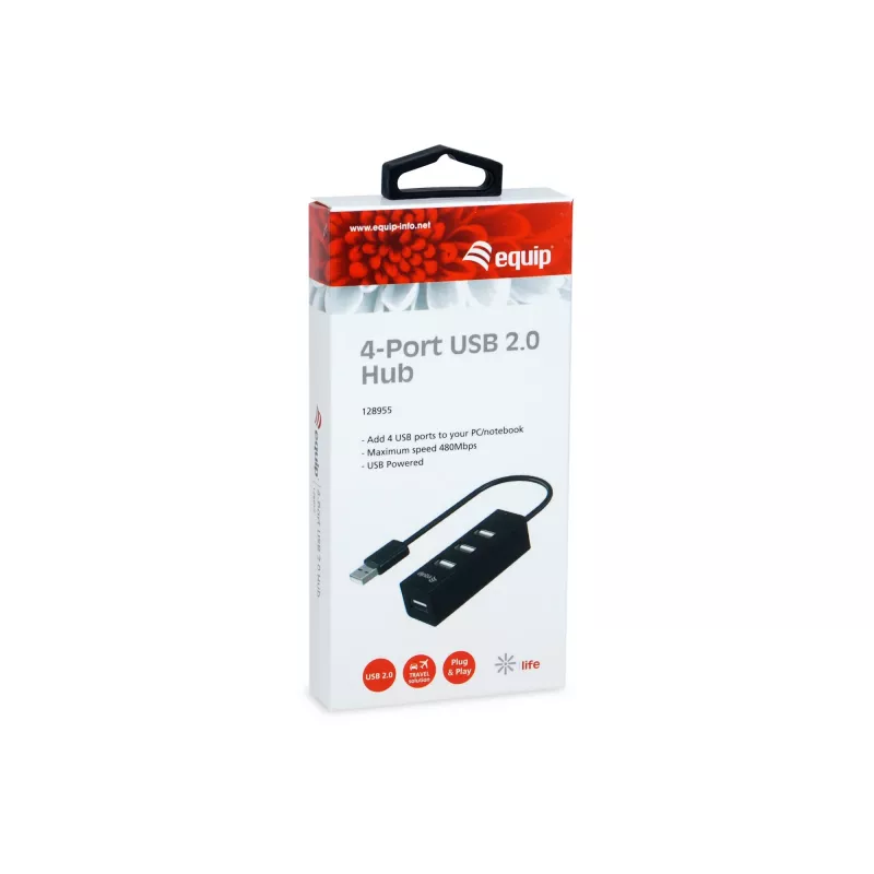 Hub USB 2.0 Equip de 4 portas, USB 2.0, USB 2.0, 480 Mbit/s, preto, China, CE, RoHS