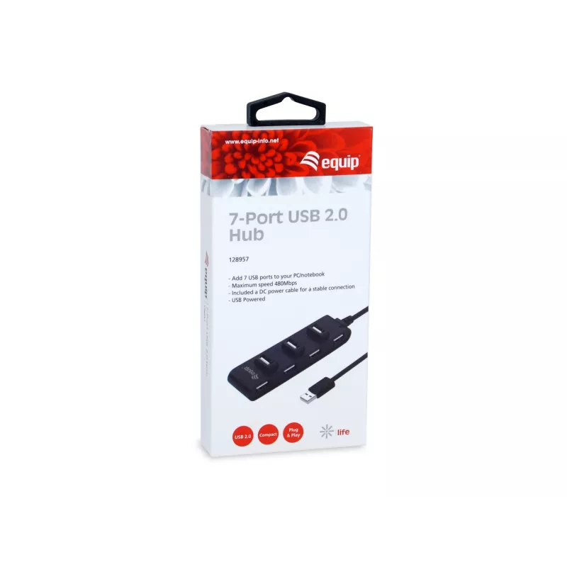 Hub USB 2.0 Equip de 7 portas, USB 2.0, USB 2.0, 480 Mbit/s, preto, China, CE, RoHS