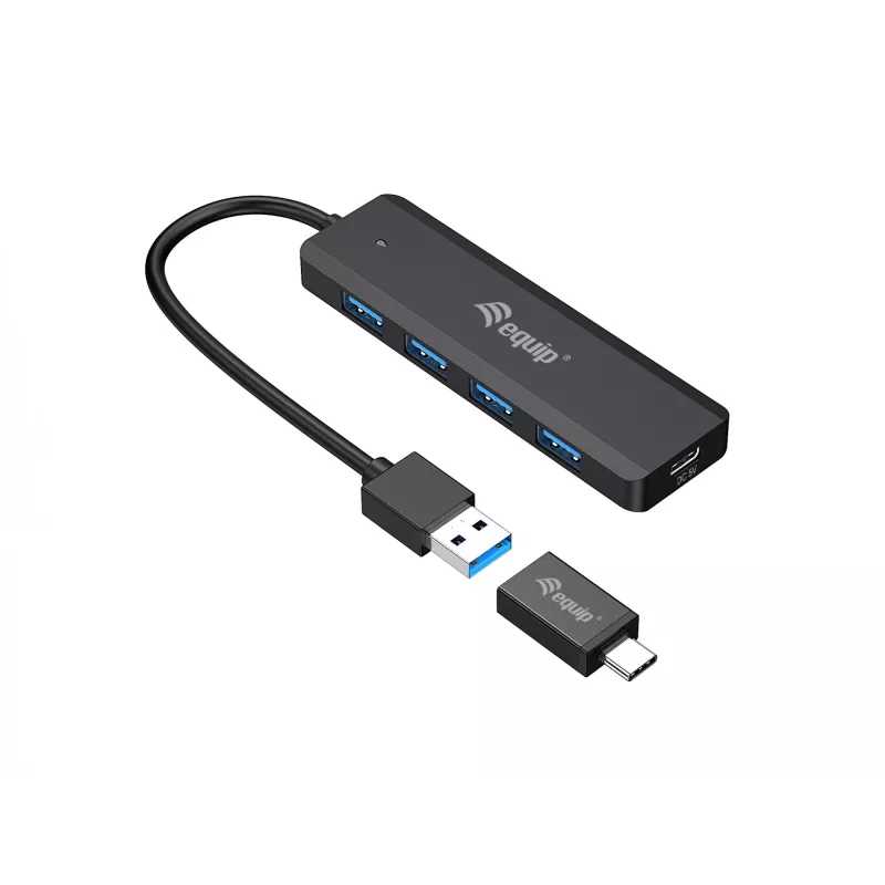 Hub USB 3.2 Gen 1 Equip de 4 portas com adaptador USB-C preto 5000 Mbit/s