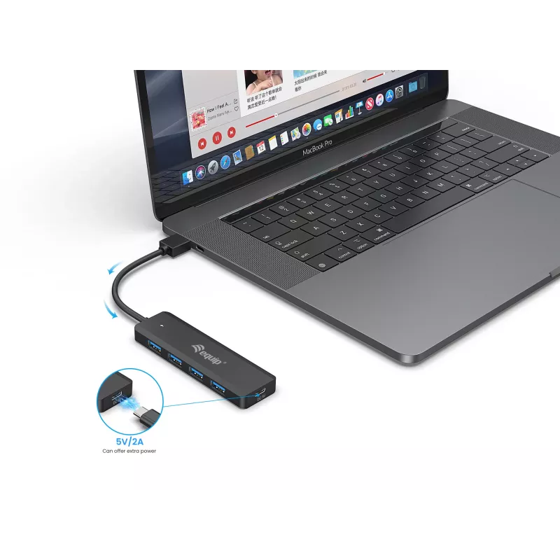 Hub USB 3.2 Gen 1 Equip de 4 portas com adaptador USB-C preto 5000 Mbit/s