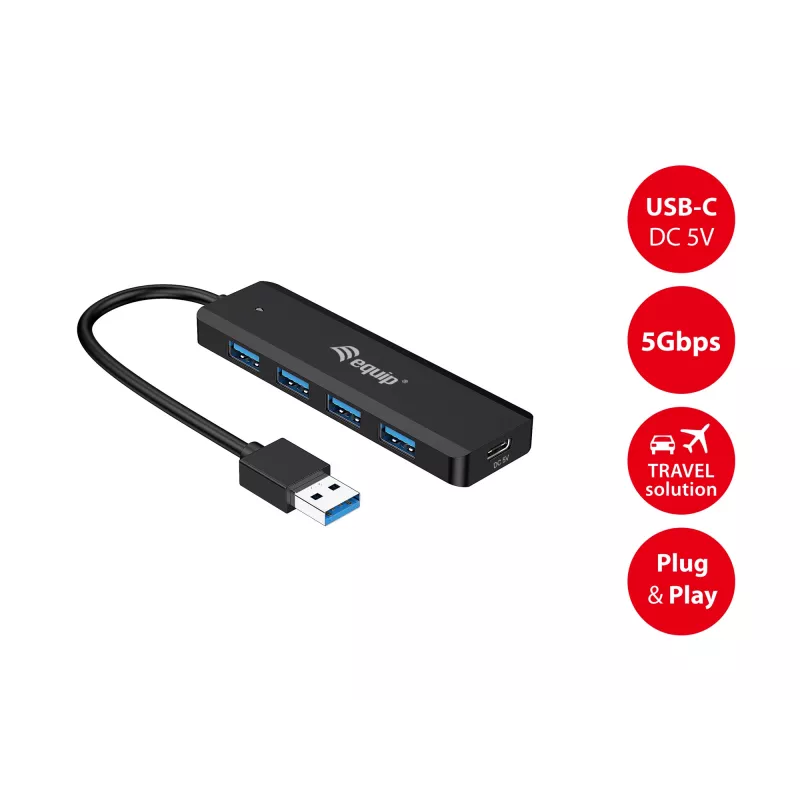 Hub USB 3.2 Gen 1 Equip de 4 portas com adaptador USB-C preto 5000 Mbit/s