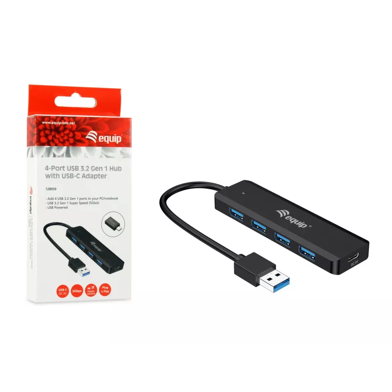 Hub USB 3.2 Gen 1 Equip de 4 portas com adaptador USB-C preto 5000 Mbit/s