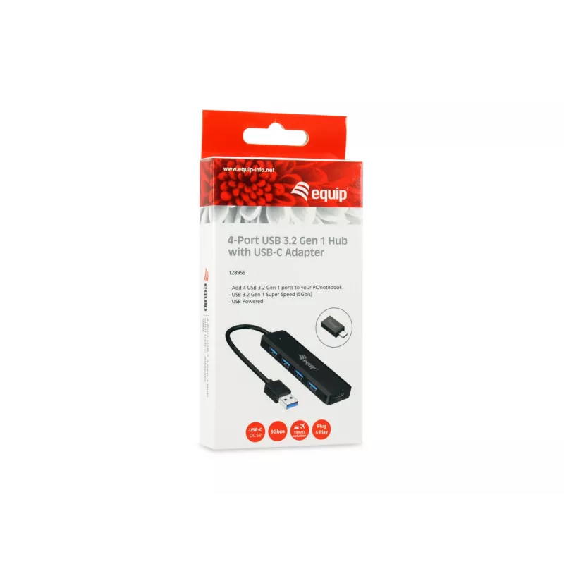 Hub USB 3.2 Gen 1 Equip de 4 portas com adaptador USB-C preto 5000 Mbit/s