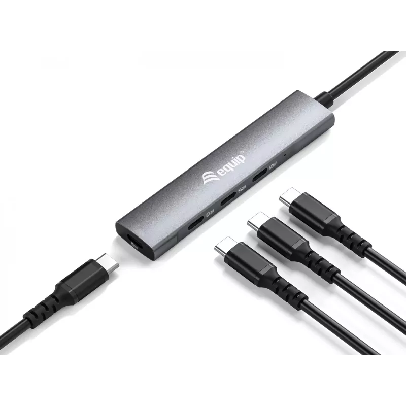 Equip 128963 hub USB-C de 4 portas USB 3.2 Gen 1 (3.1 Gen 1), 4x USB-C, 5 Gbit/s, alumínio, sem adaptador de corrente, preto/prateado